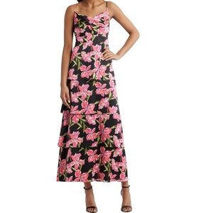 NWT ANNE KLEIN Black Floral Sleeveless Cowl Neck Tiered Ruffle Midi Dress Size 6